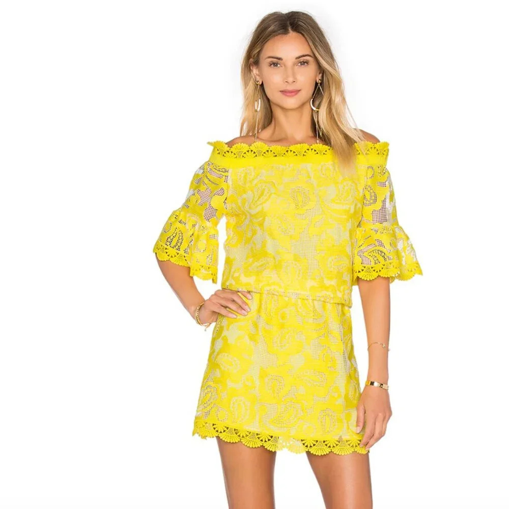 Alexis Kit Dress Short Mini Floral Lace Sleeveless Off The Shoulder Yellow XS